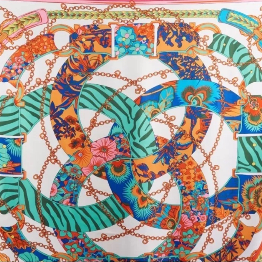 Vibrant Blue and Green Scarves with Botanical and Geometric Designs - Picture 3 of 6